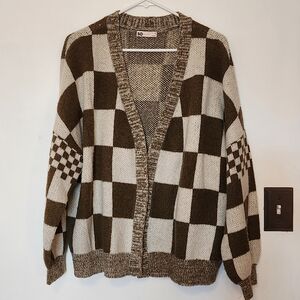 SO Cream And Green Checkered Oversized Cardigan Size M